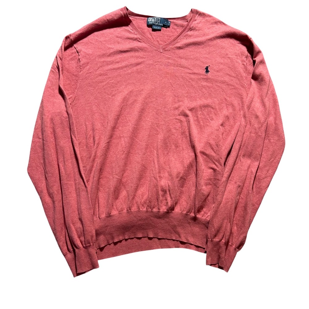 Polo Ralph Lauren Sweater Mens XL Red Pima Cotton Slim Fit V-Neck Long Sleeve